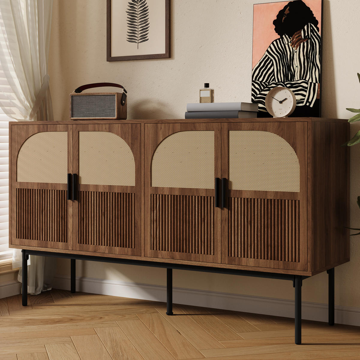 KOMMODE aus MDF 140x40x80cm in Natur mit Rattan-Optik - Naturfarben, Holzwerkstoff (140/80/40cm) - Modfu