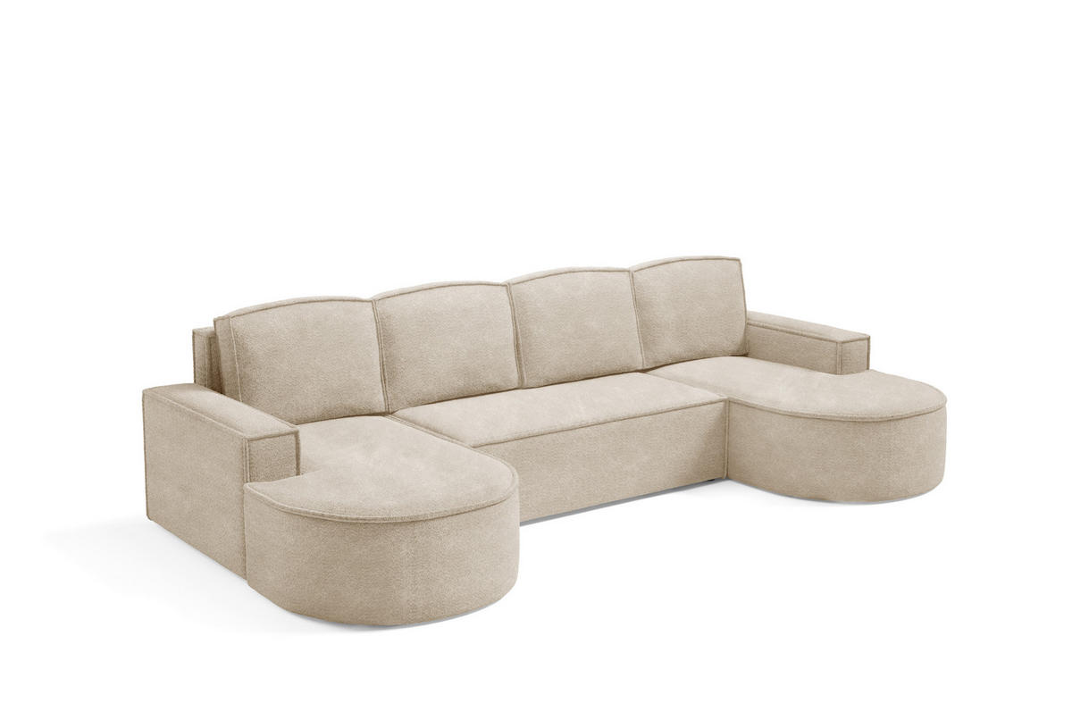 ECKSOFA MOLLY U Freistehendes, mit Schlaffunktion, 140x273cm, Bettkasten und Abnehmbaren Kissen – 316x157x88cm, Abriamo Stoff, Beige - Sandfarben, Holz/Textil (316/157cm) - DomoHome
