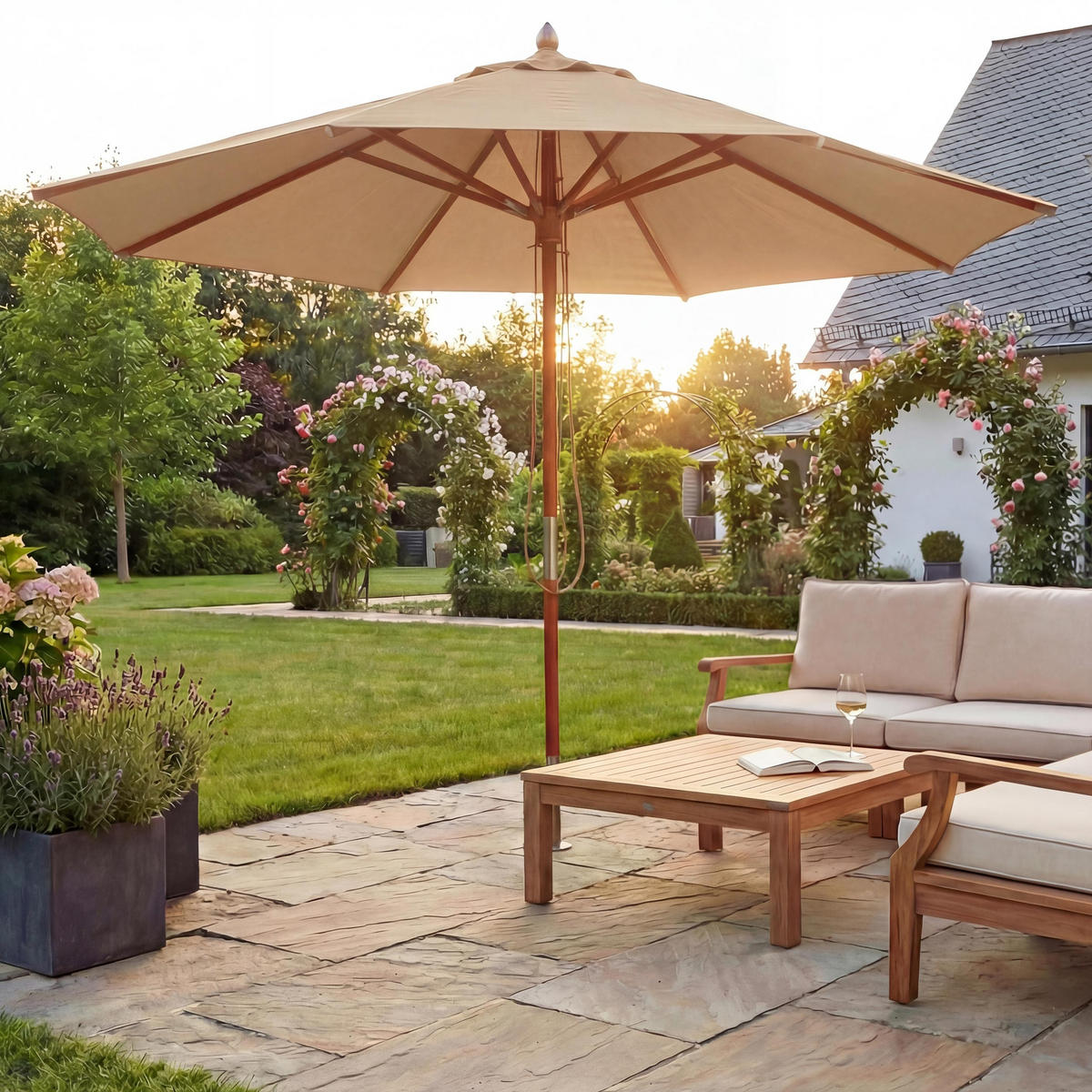 GASTRONOMIE SONNENSCHIRM I RUND Cremeweiß - Weiß, Holz (300/300cm) - MCW