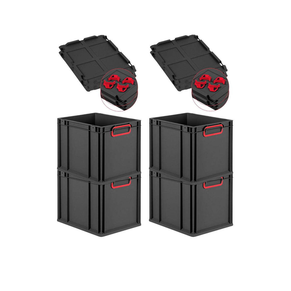 EUROBOX 4x NextGen Color mit Auflagedeckel 32x30x40 cm 30 Liter Schwarz Griffe rot zu - Rot/Schwarz, Kunststoff (30/32/40cm) - PROREGAL