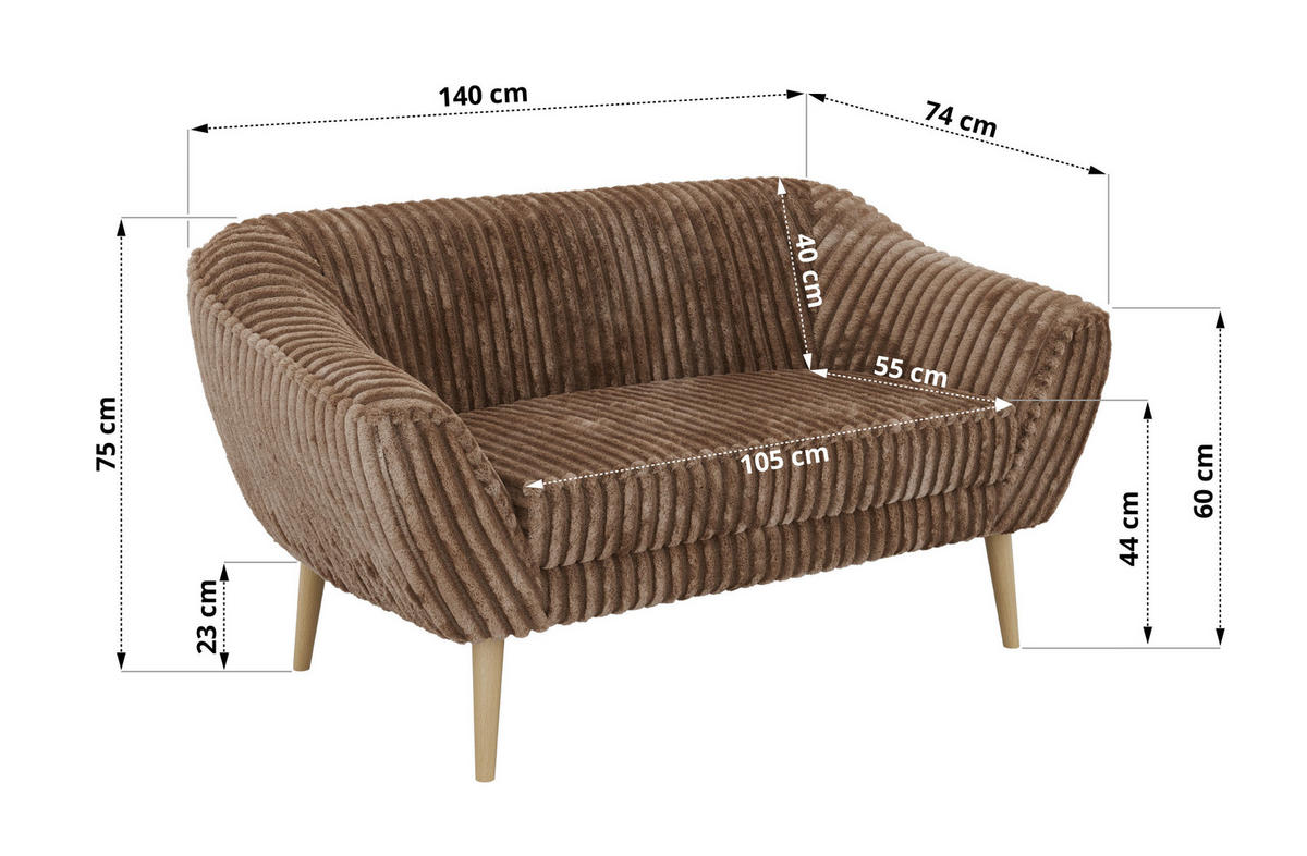 2-SITZER-SOFA PIRS - Braun Cord - Holzbeine - Buchefarben/Braun, Holzwerkstoff/Textil (140/75/74cm) - MKS