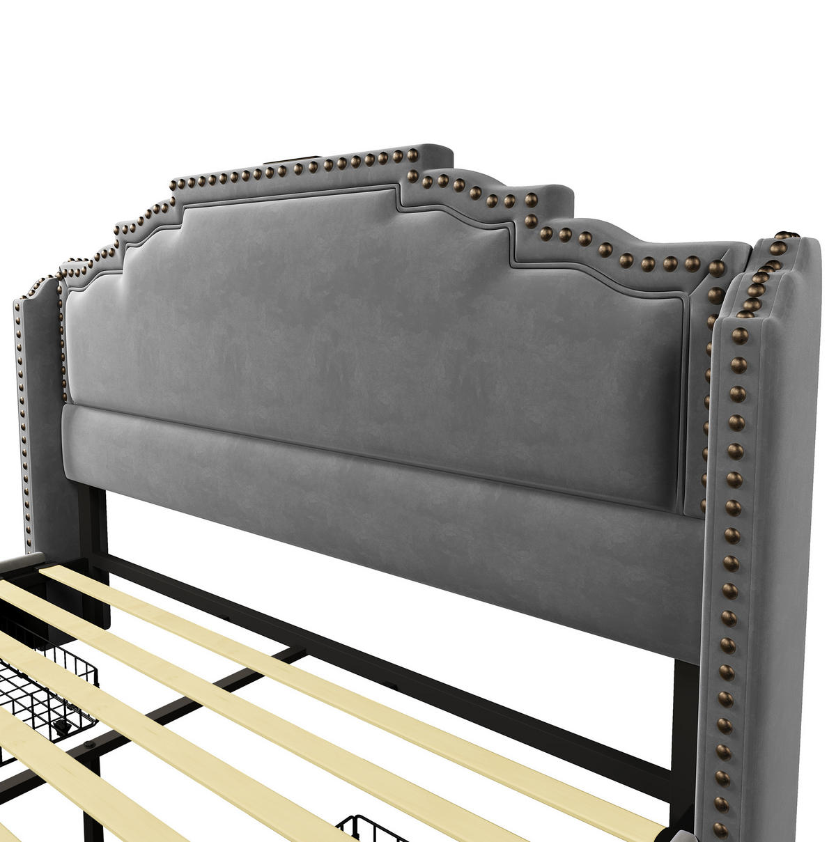 POLSTERBETT 140/200 cm mit 4 Schubladen, LED-Beleuchtung, USB- und Type-C-Anschluss, Samt, Grau - Grau, Textil (140/200cm) - Redom