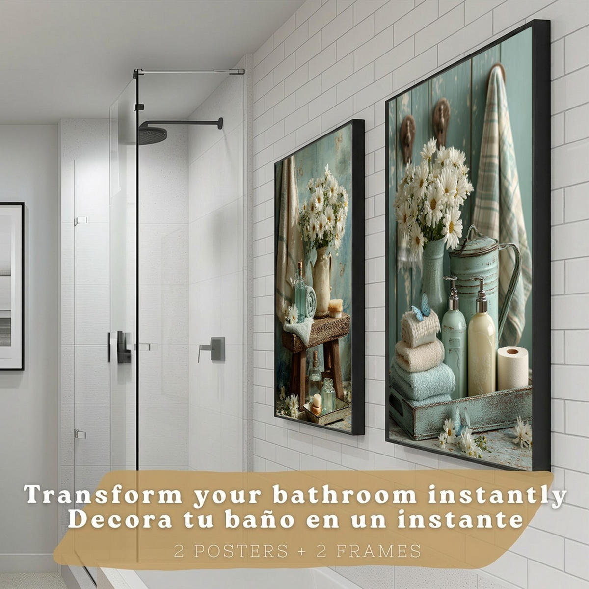 PLAKÁT Sada 2 dekorativních koupelnových tisků, květinové v shabby chic Černý rám A3 - černá, papír (42/29.7/3cm) - Nacnic