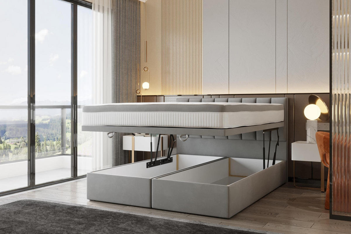 BOXSPRINGBETT BOND - Bett mit Matratze und Bettkasten - mit gestepptes Kopfteil - Grau - 180x200 cm - Grau, Textil (180/200cm) - Trada