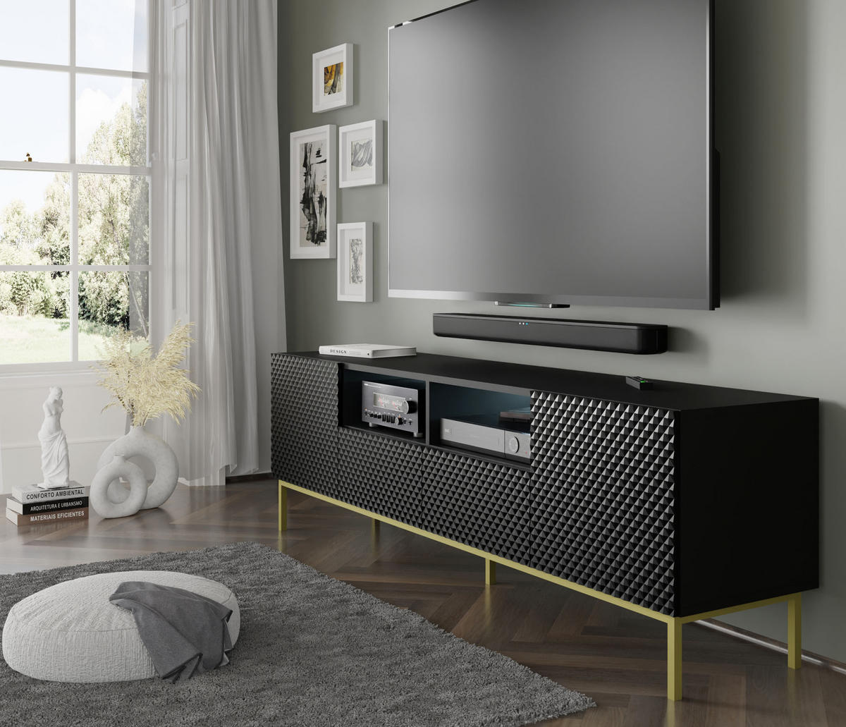 TV LOWBOARD Schwarz, Schwarz Hochglanz, Gold 200/58/42 - Schwarz Hochglanz/Schwarz, Holzwerkstoff (200/58/42cm) - RAUMHIRSCH FURNITURE