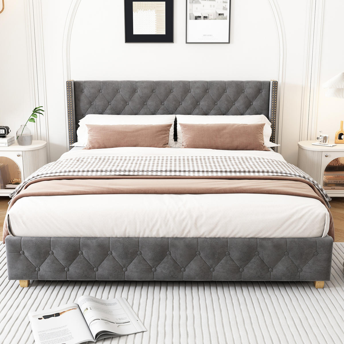 POLSTERBETT 180/200 cm Grau aus Samt mit Lattenrost - Grau, Textil (180/200cm) - OKMYHOME