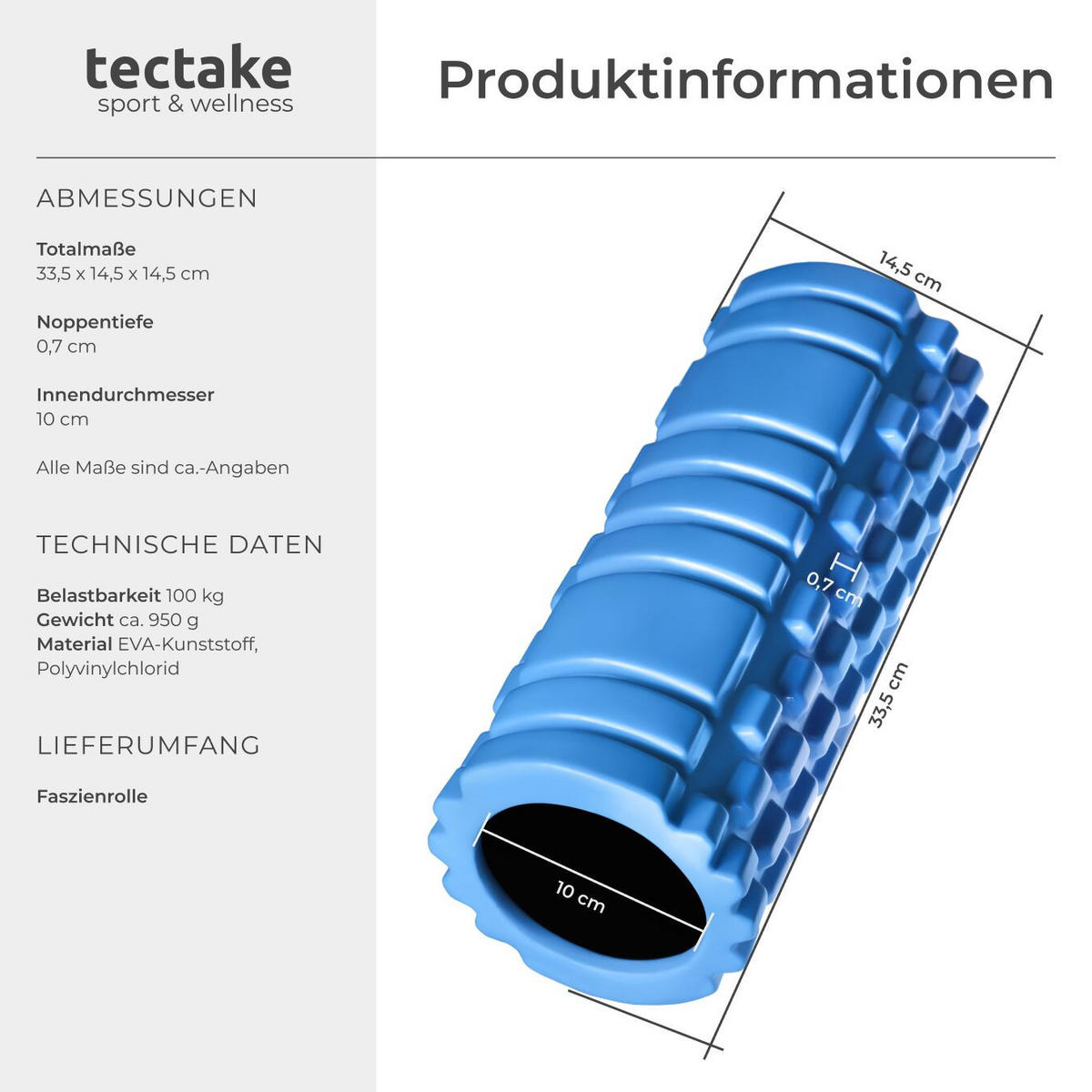 FASZIENROLLE , leichte Reinigung, 335 x 145 mm, blau - Blau, Kunststoff (14.5/14.5/33.5cm) - tectake