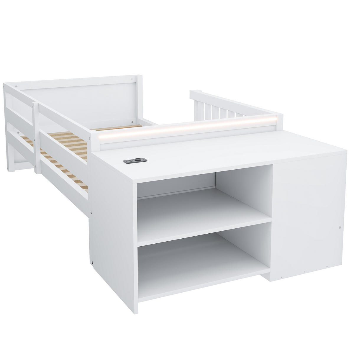 KINDERBETT 90/200 cm in Weiß mit 2 Schubladen, Regalen, Klapptür, Steckdose und LED aus Holz - Weiß, Holzwerkstoff (90/200cm) - STILVORA