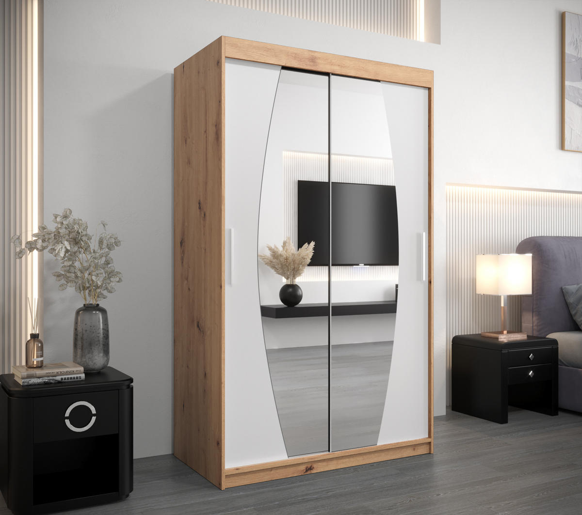 SCHWEBETÜRENSCHRANK 200/120/62 2-türig - Silberfarben/Weiß, Holz/Kunststoff (120/200/62cm) - Abiks Möbel