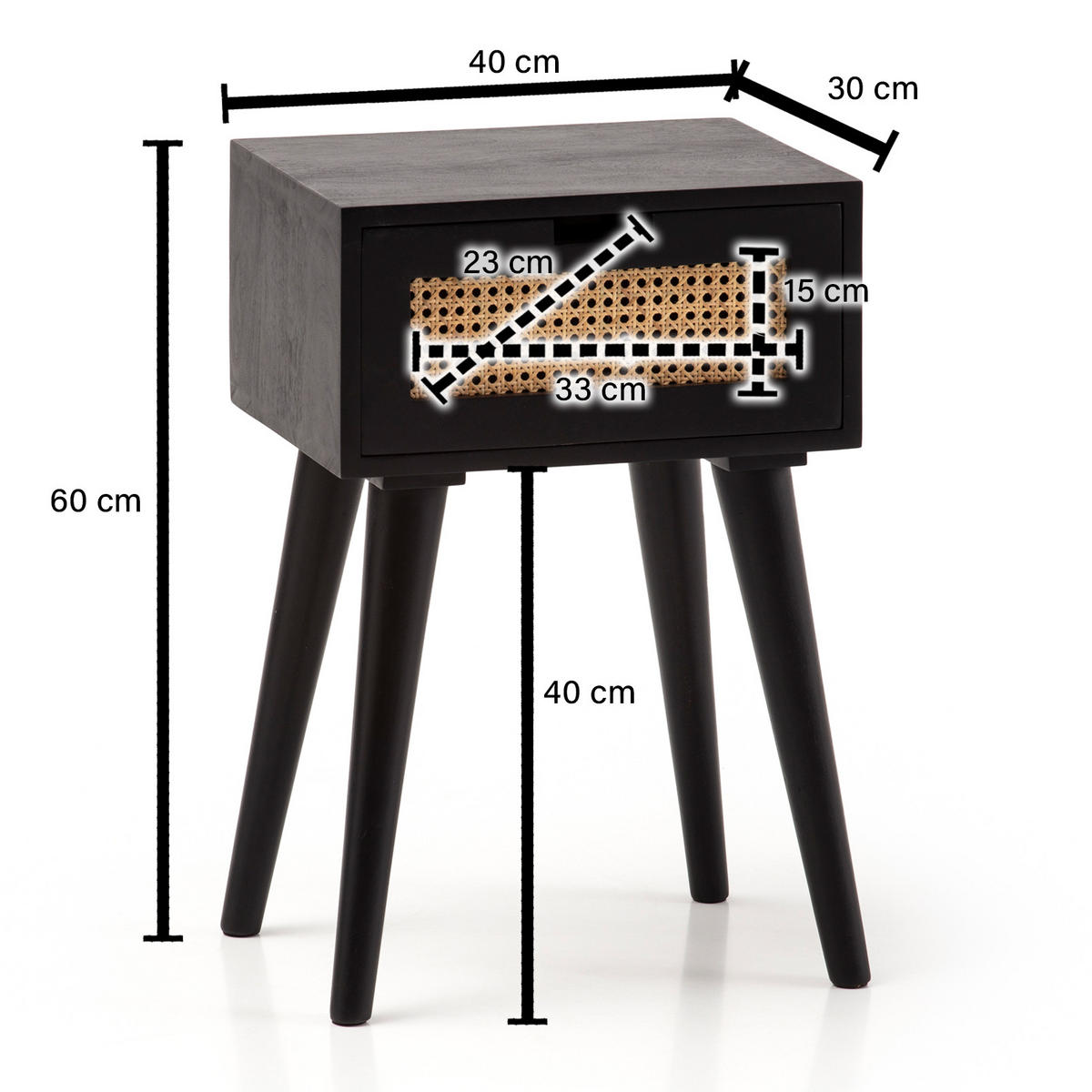 NACHTTISCH – Mango Massivholz/Rattan, 40x60x30 cm, Schwarz, 1 Schublade, Wiener Geflecht - Schwarz, Holz (40/60/30cm) - KADIMA DESIGN