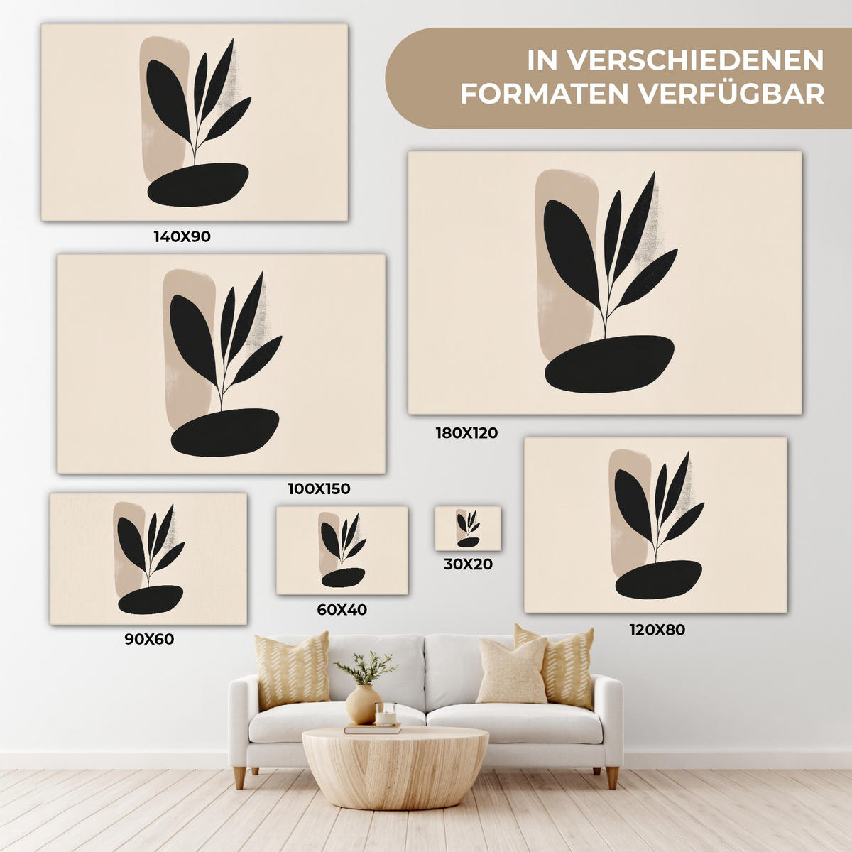 LEINWANDBILD Pflanze - Beige - Japanisch Groß 140x90 cm - Schwarz, Textil (140/90cm) - MuchoWow