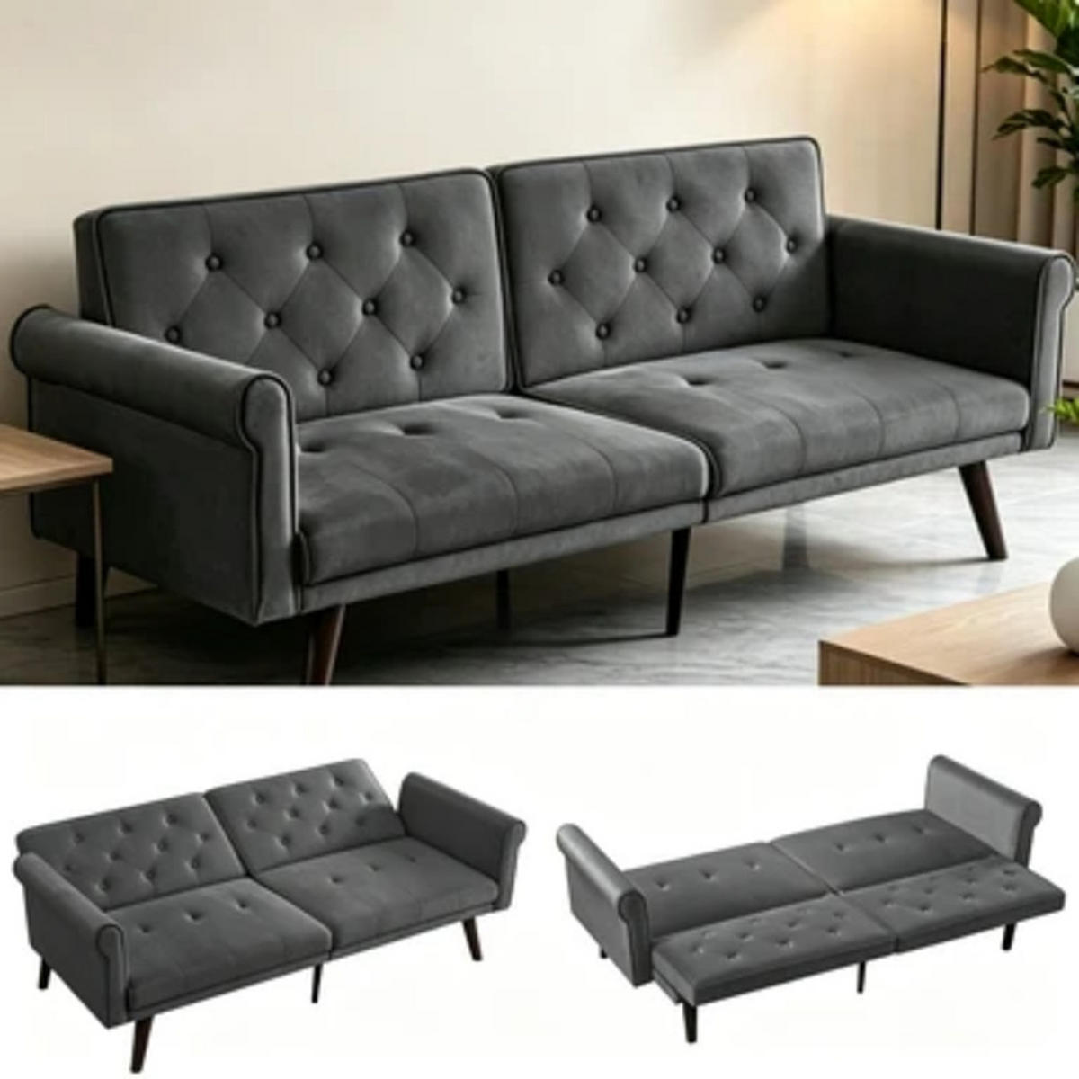 SCHLAFSOFA aus Samt mit verstellbaren Rückenlehnen, grau - Grau, Textil (89/70/172cm) - Luhomfu