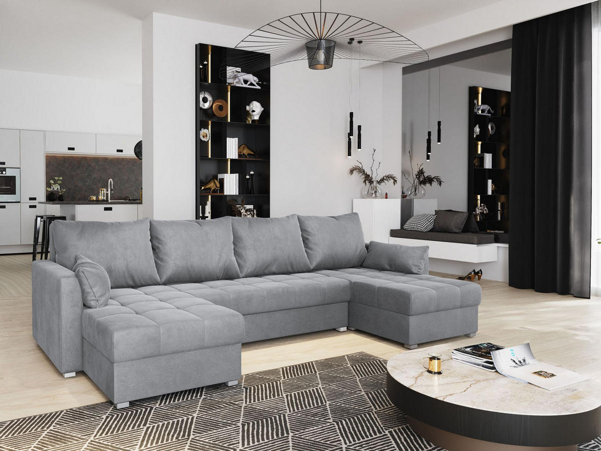 WOHNLANDSCHAFT NAKO M Hellgrau Velours-Stoff mit Schlaffunktion - Hellgrau, Holz (285/85/140cm) - MASSENO