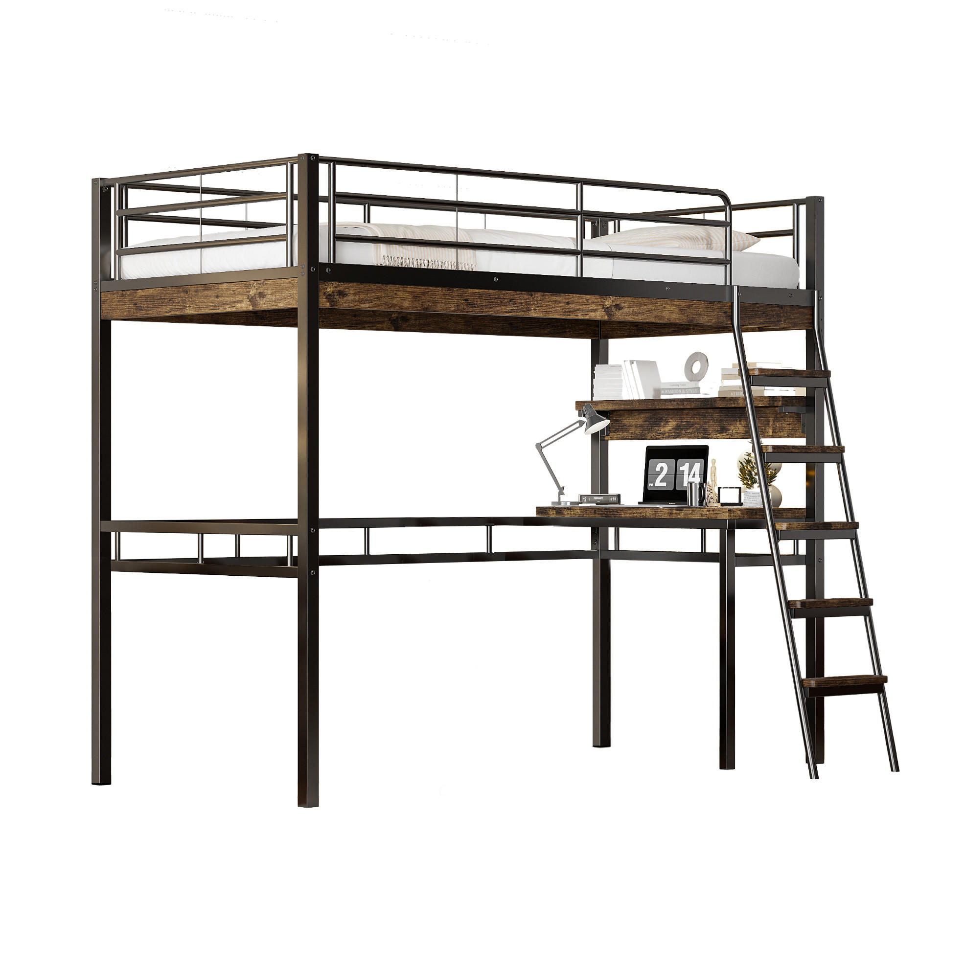 HOCHBETT 90/200 cm aus Metall mit Schreibtisch und Regalen in Schwarz - Schwarz, Metall (90/200cm) - Flora Grace