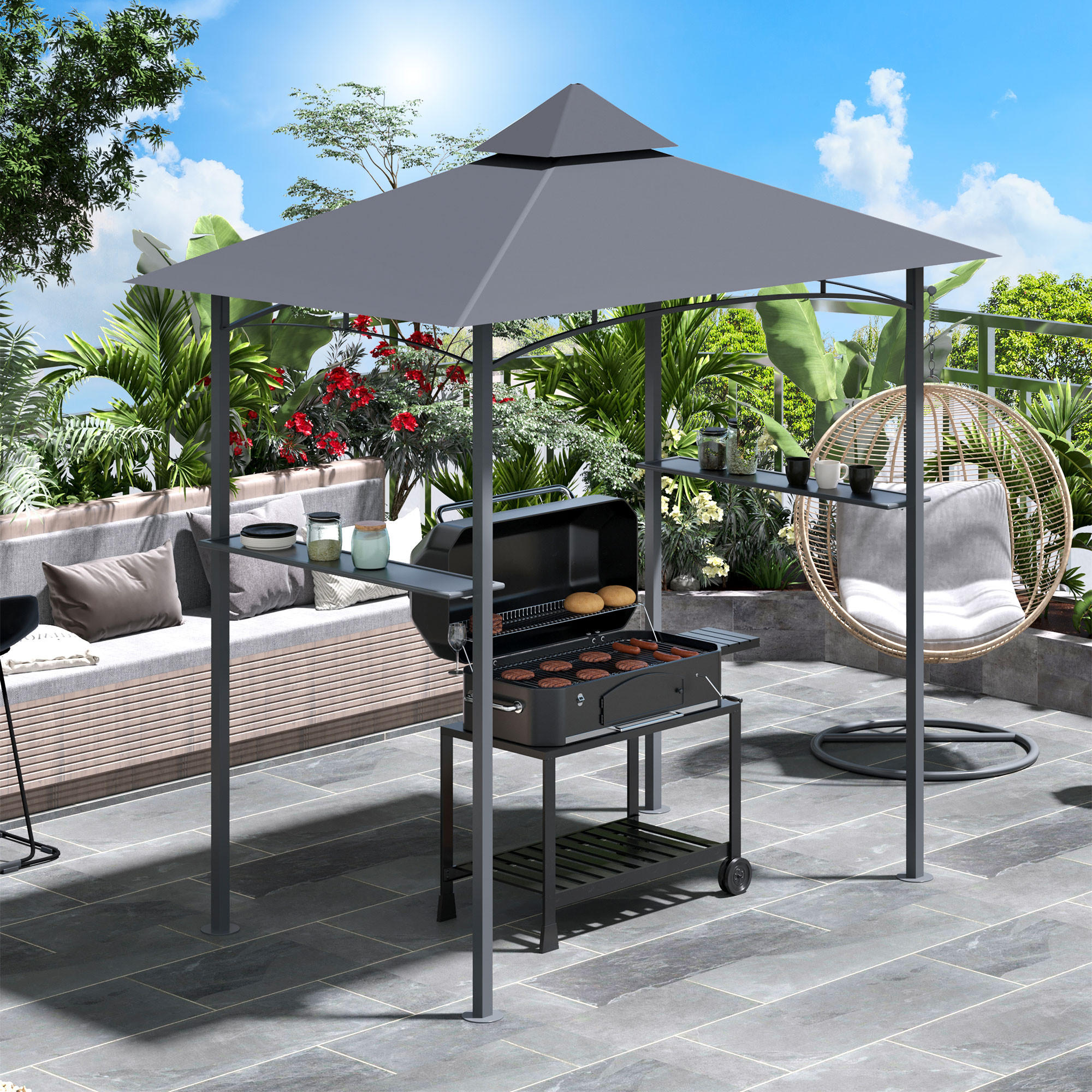 GRILLPAVILLON Gartenzelt Stahl Grau - Schwarz/Grau, Kunststoff/Metall (148/252/245cm) - Outsunny
