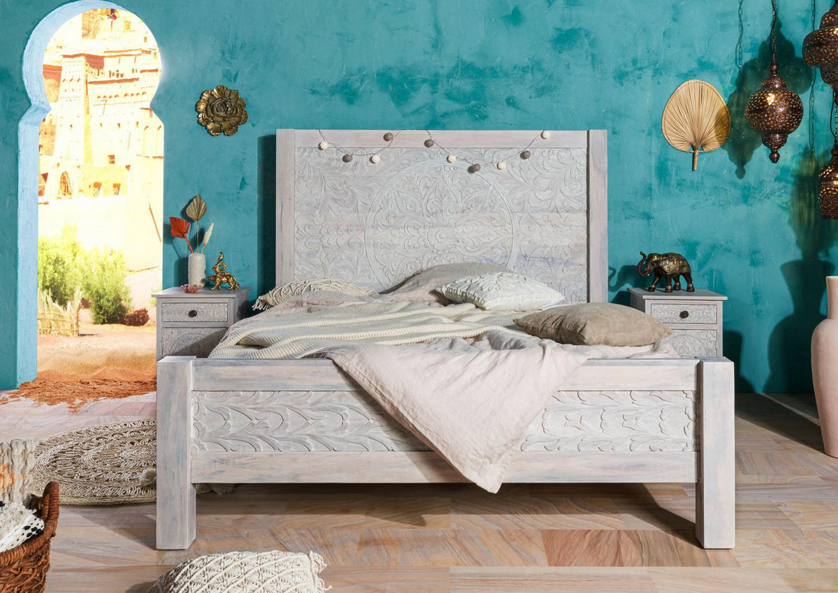 BETT Massivholz Mango 180 x 200 x 150 weiß KASHMIR #103 - Weiß, Holz (180/200cm) - Massivmoebel24