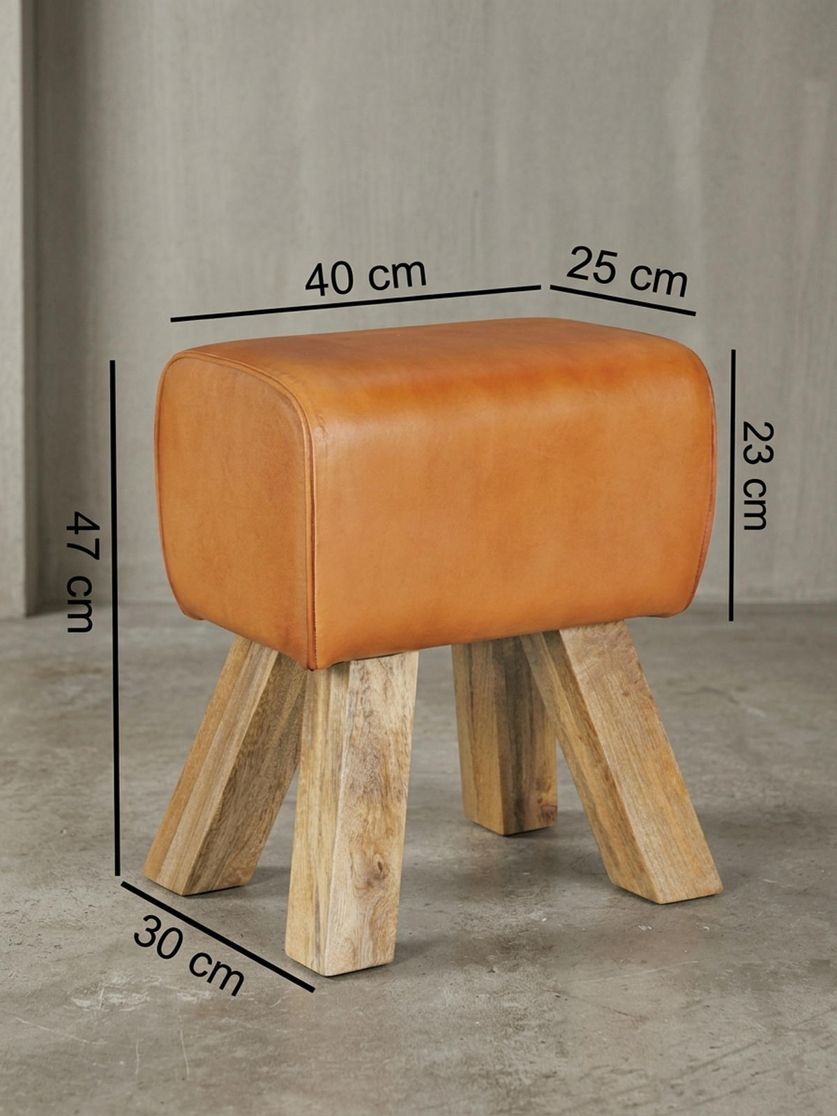 SITZHOCKER Retro Landhaus Holzbeine, Braun 40x30x47 cm - Braun, Mangoholz/Leder (40/47/30cm) - KADIMA DESIGN