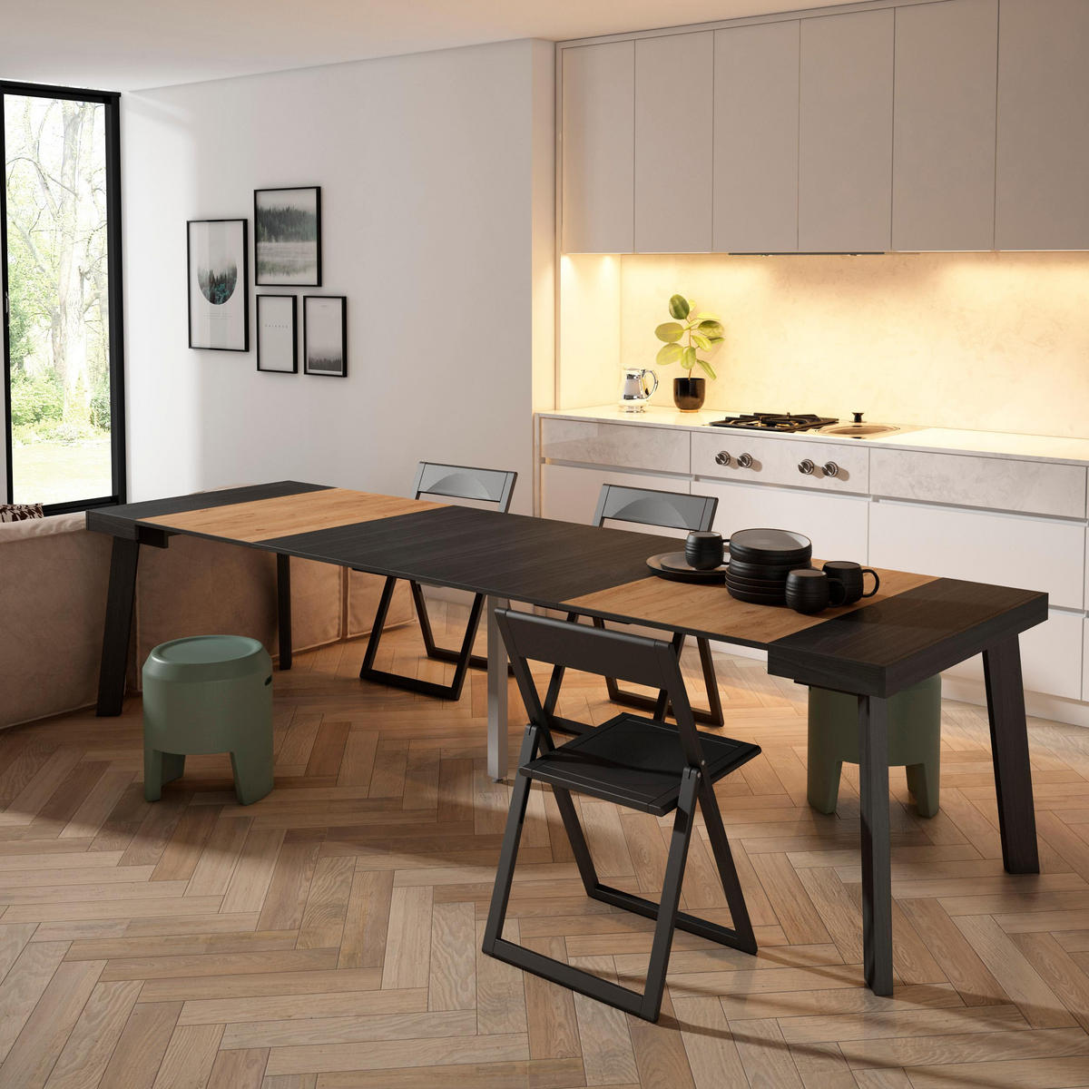 KONSOLENTISCH ausziehbar 58 bis 302cm, für 14 Gäste, schwarz eiche, 90/58/73cm - Eichefarben/Multicolor, Holzwerkstoff (90/302/73cm) - Skraut Home