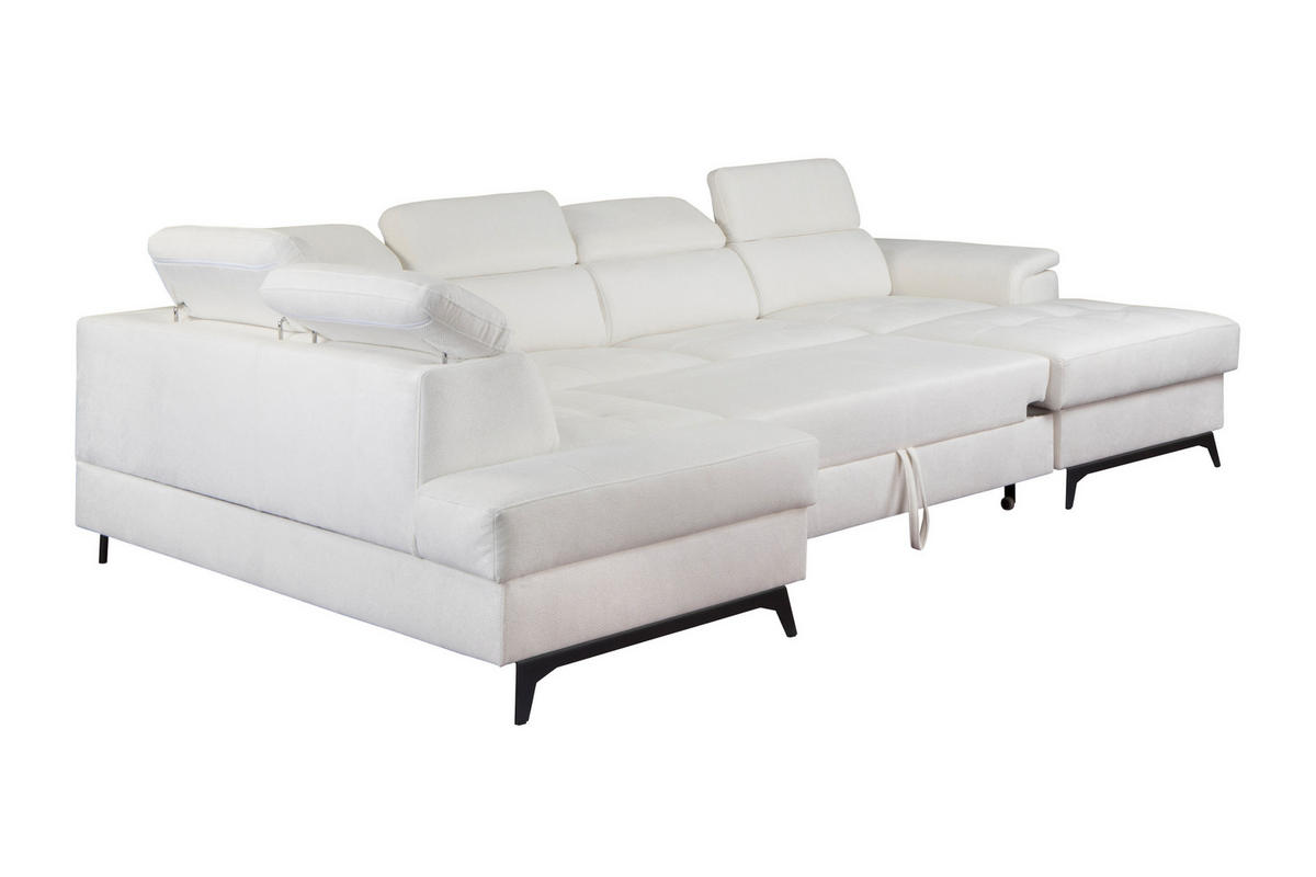 WOHNLANDSCHAFT VOLA Weiß Velours-Stoff mit Schlaffunktion - Weiß, Holz (348/105/199cm) - MASSENO