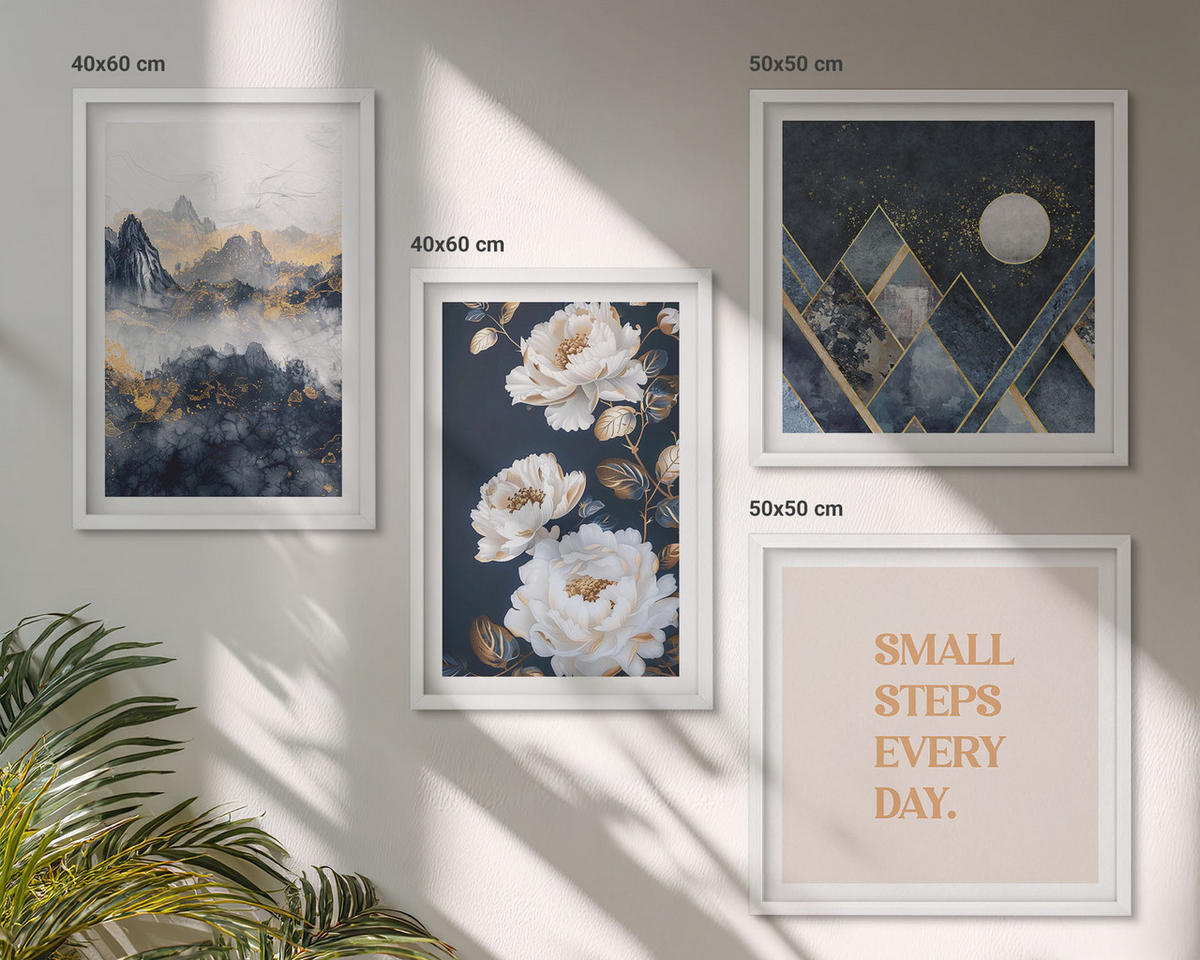 BILDER SET 4er Set - 50x50 cm & 40x60 cm Weißer Rahmen - Abstrakte Berge und Blumen Inspiration - Weiß, Kunststoff (50/50cm) - TULUP