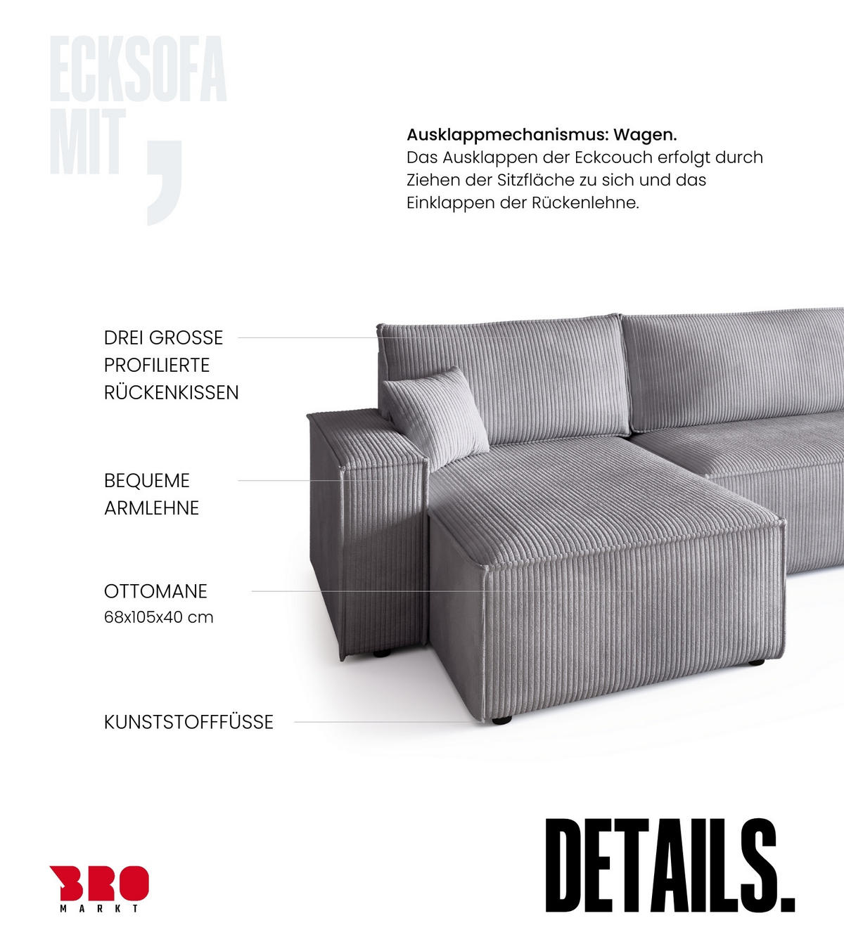 WOHNLANDSCHAFT ADI U mit Schlaffunktion Cordstoff Hellgrau - Hellgrau, Textil (312/85/143cm) - Bromarkt