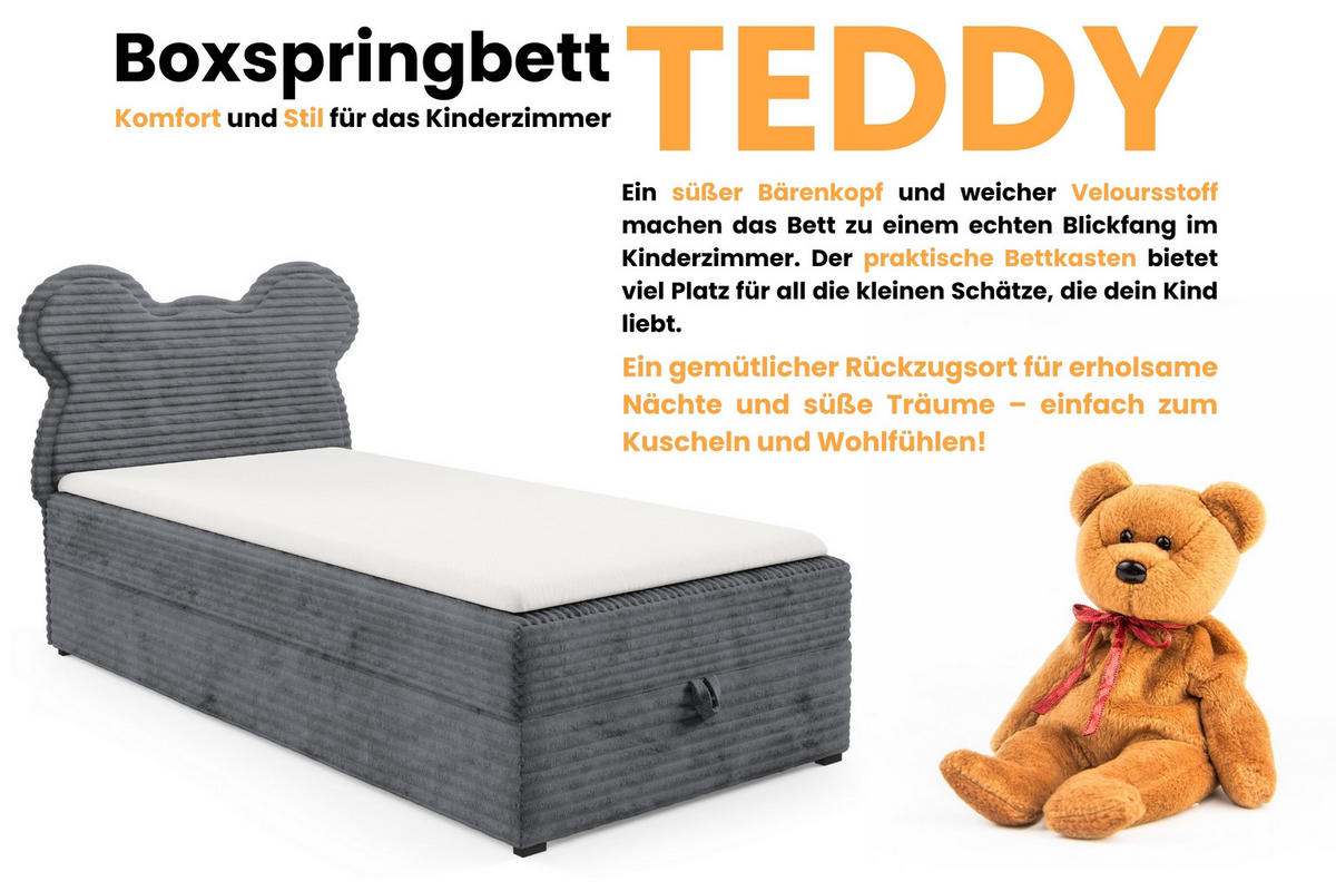 BOXBETT TEDDY 100/200 Cord-Samt Dunkelgrau H3 - Dunkelgrau, Holz/Holzwerkstoff (100/200cm) - Deine Möbel 24