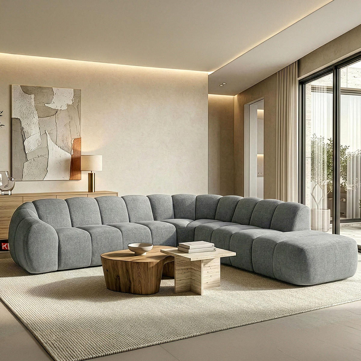 ECKSOFA RECHTS FLAVA, hell Aschgrau - Hellgrau, Holz/Holzwerkstoff (310/314cm) - KONSIMO®