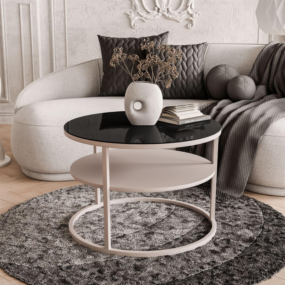 COUCHTISCH CIRI GLASS KASCHMIR mit Ablage Platte aus schwarzem Glas - Schwarz, Glas (70/70/47cm) - Lookway