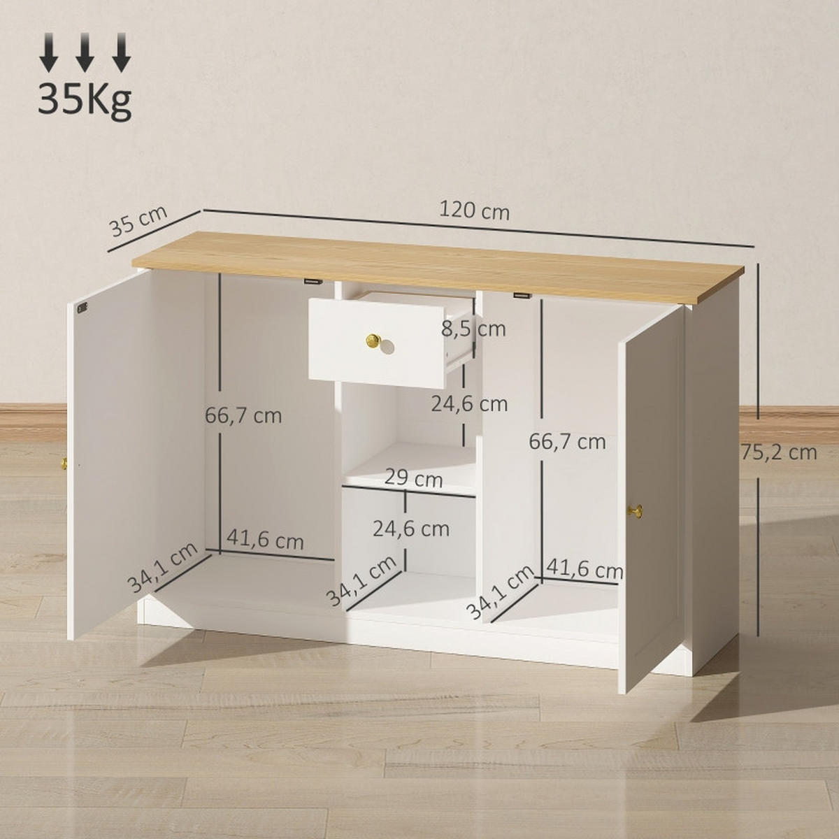 SIDEBOARD DE-38788 120/35/75,2 cm Schublade und 2 Türen und 2 Ablagen Weiß/Gold - Weiß, Holzwerkstoff (120/75.2/35cm) - ComfortXL
