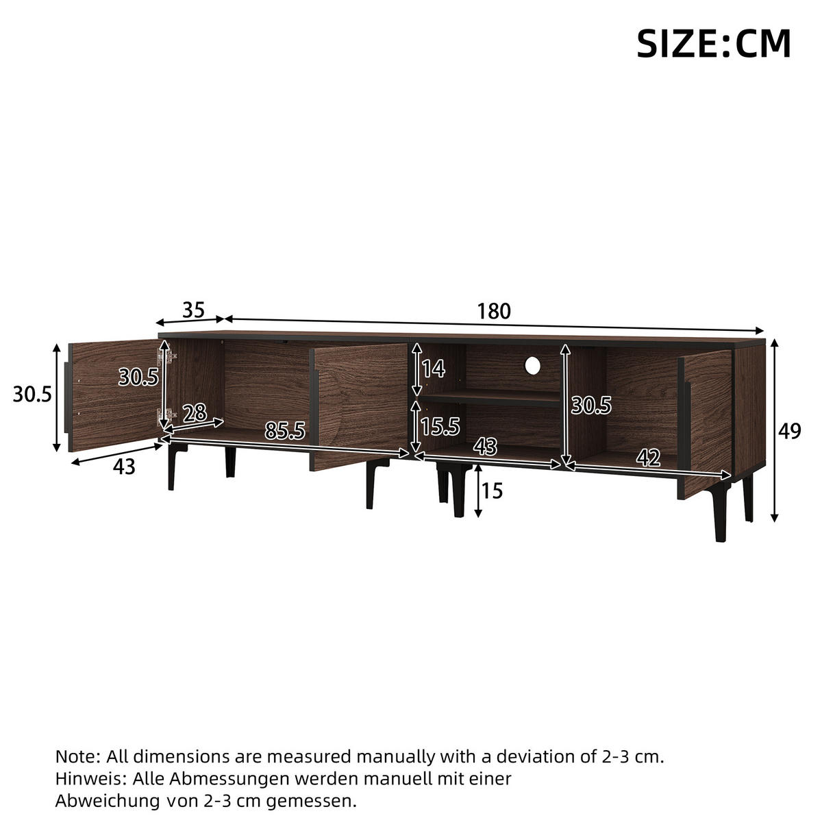 TV-ELEMENT mit 3 Türen 180 x 35 x 49 cm Dark Oak - Braun, Holzwerkstoff (35/49/180cm) - Beauniv