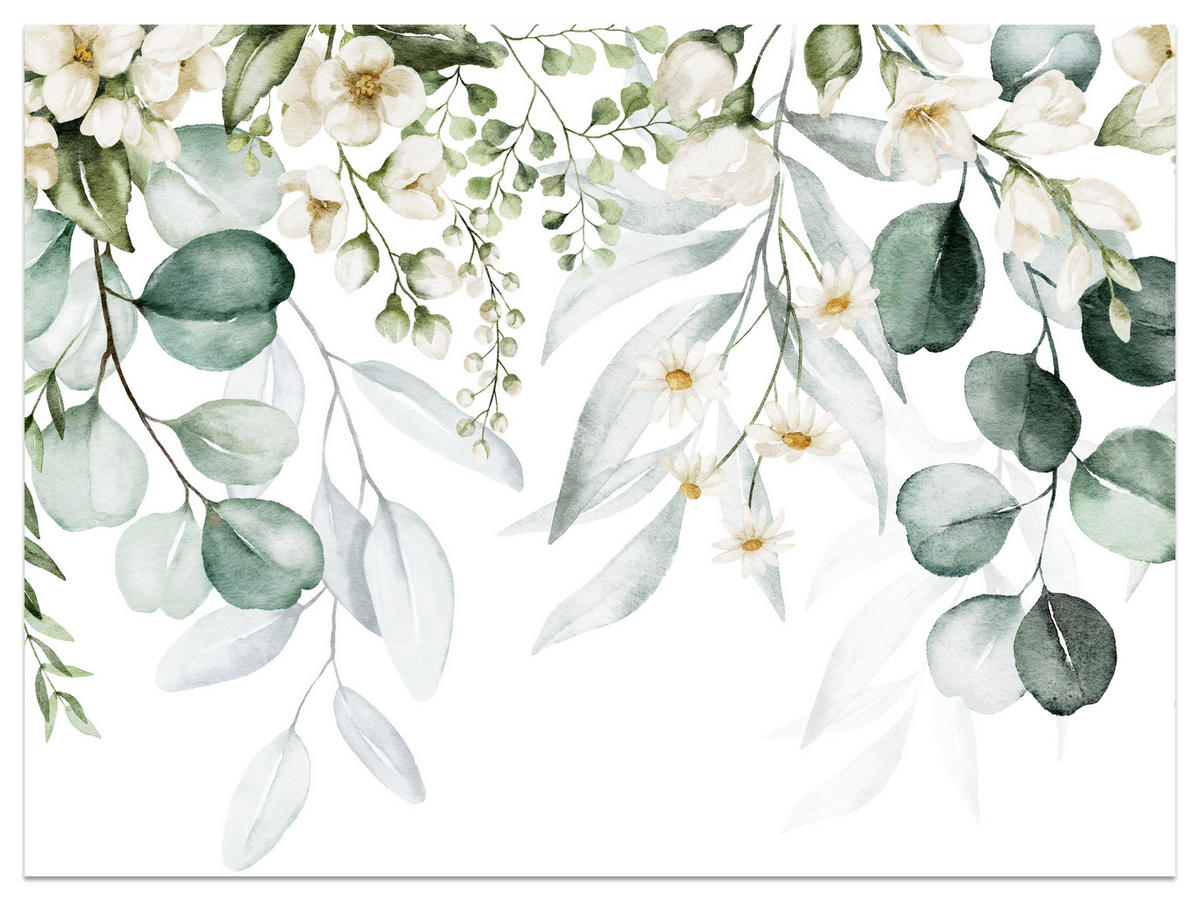FOTOTAPETE für Schlafzimmer Aquarell Blätter Blumen Weiß 500x350 - Gelb/Weiß, Papier (500/350cm) - Muralo