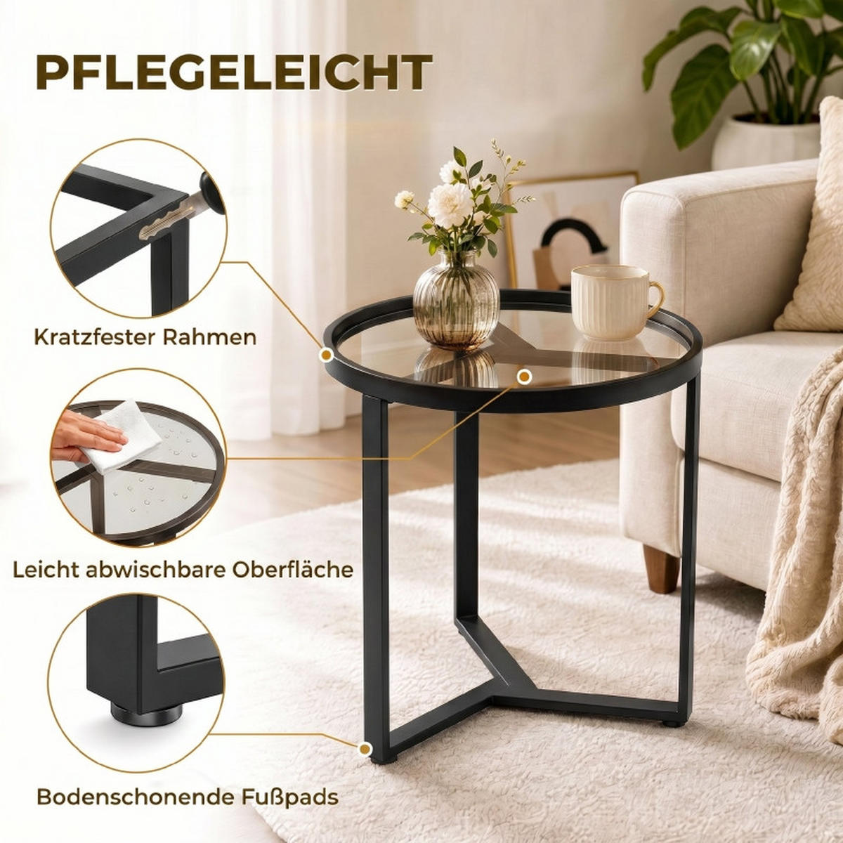 BEISTELLTISCH DE-37208 rund mit Glasplatte Schwarz - Schwarz, Metall (45/45/50cm) - ComfortXL