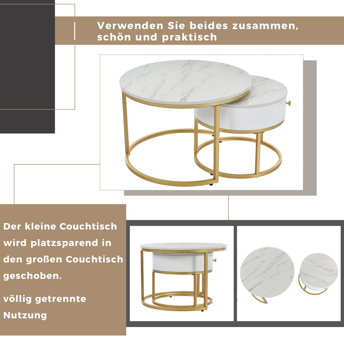 COUCHTISCH 70/70/48 cm und 50/50/43.5 cm Weiß aus MDF mit Nesting-Design - Weiß, Holzwerkstoff (70/70/45cm) - OKMYHOME