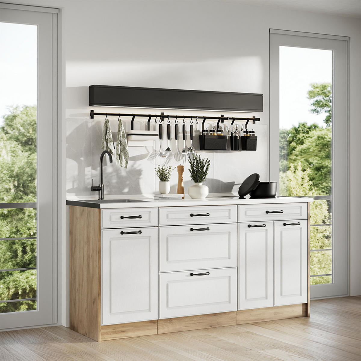 KÜCHENBLOCK R-Line, Weiß Landhaus/Goldkraft Eiche, 160 cm Arbeitsplatte Anthrazit - Eichefarben/Weiß, Holzwerkstoff (160/81.6/60cm) - Vicco