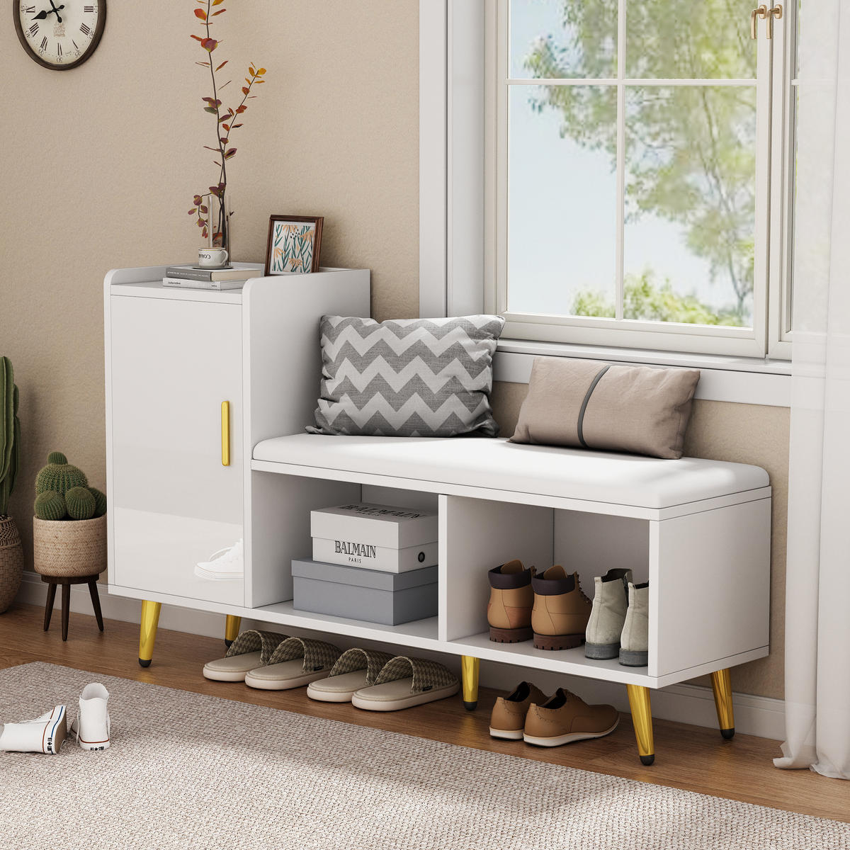 SCHUHSCHRANK aus Spanplatte 120x35x71.5cm in Weiß mit Sitzbank - Weiß, Holzwerkstoff (120/71.5/35cm) - Modfu