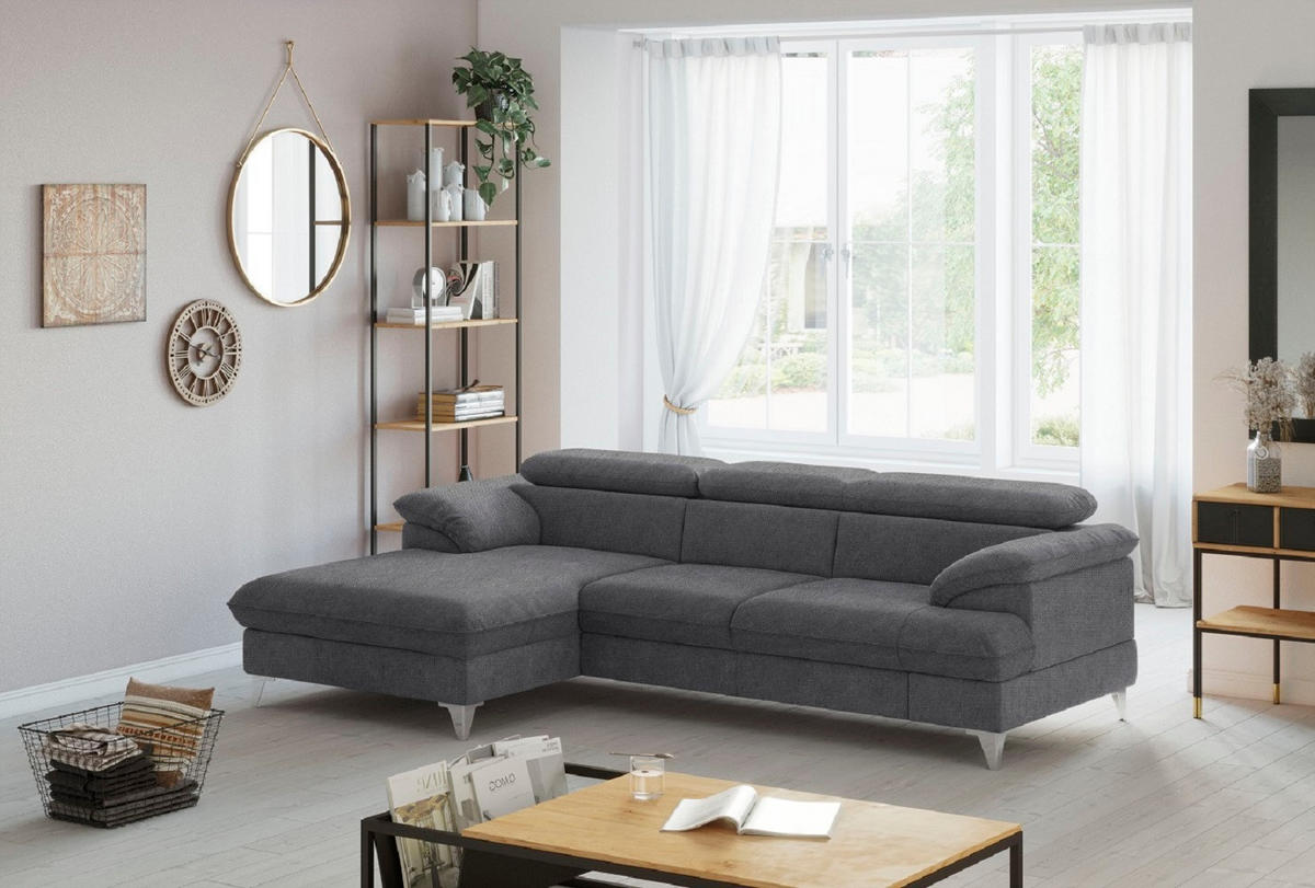 ECKSOFA mit Schlaffunktion und Bettkasten, verstellbare Kopfstützen - Chromfarben/Dunkelgrau, Textil/Metall (254/167cm) - Cotta