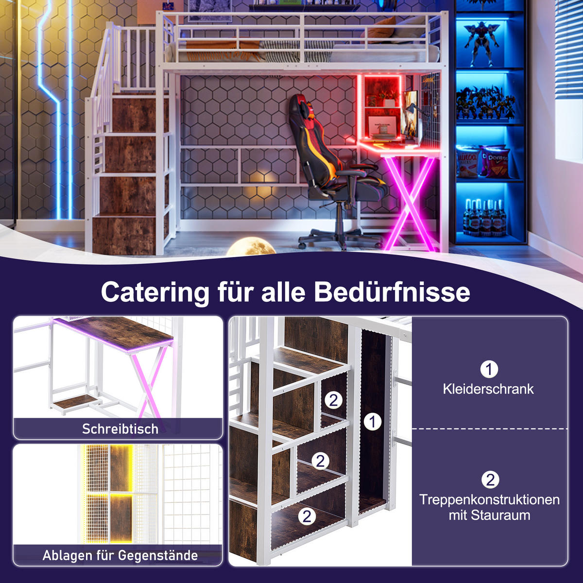 HOCHBETT 90/200 cm mit LED-Leuchten und Schreibtisch in Weiß - Weiß, Metall (90/200cm) - OKWISH