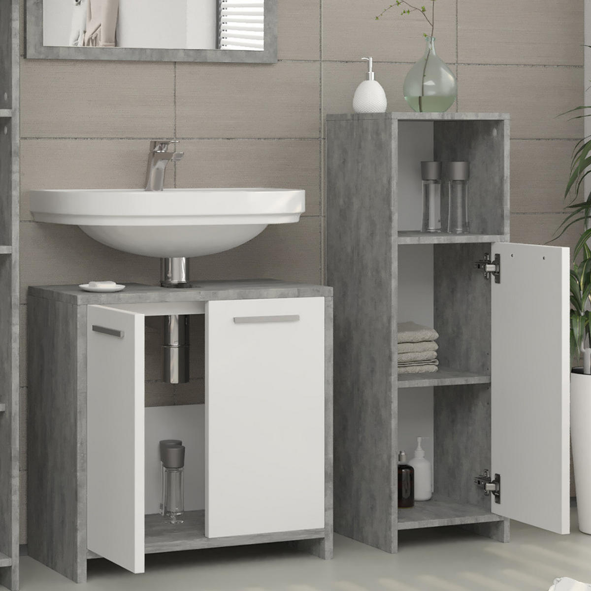 BADMÖBEL-SET Kiko Beton 3 Teile - Weiß/Grau, Holzwerkstoff (58/60/33cm) - Vicco
