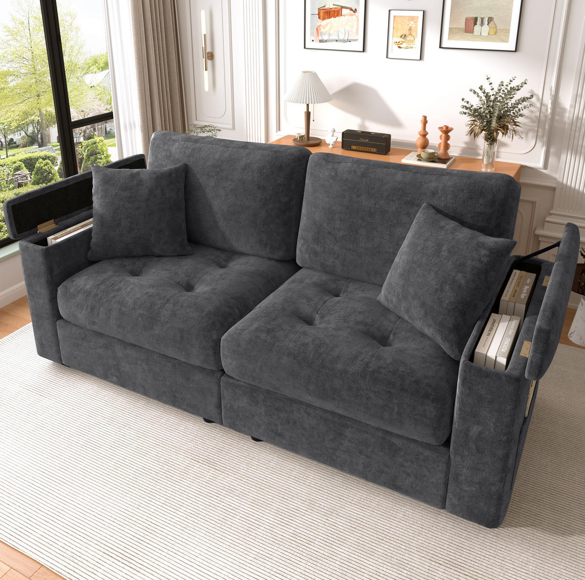 SOFA 2-Sitzer mit Stauraum Chenille Dunkelgrau - Dunkelgrau, Holzwerkstoff (180/84/81.5cm) - Meubliv