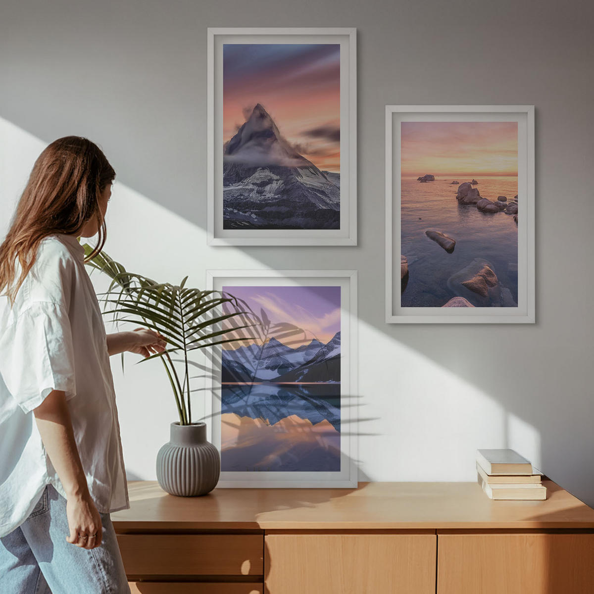 BILDER SET 3er Set - 40x60 cm Weißer Rahmen - Berglandschaft, See, Westen - Weiß, Kunststoff (40/60cm) - TULUP