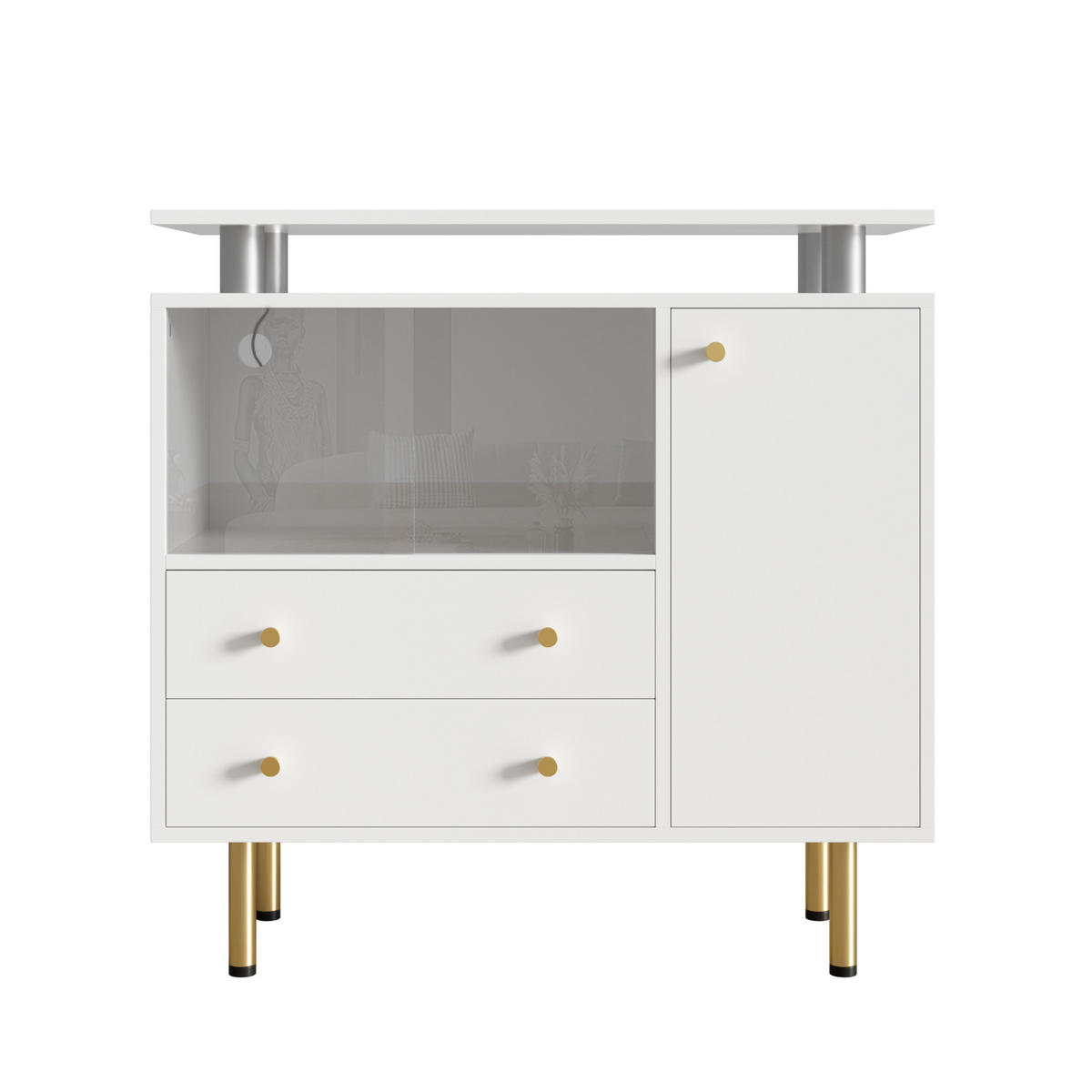SIDEBOARD in Weiß 80x35x80 cm mit Glastüren, Schubladen und LED-Beleuchtung - Weiß, Holzwerkstoff (35/80/80cm) - IVMEU