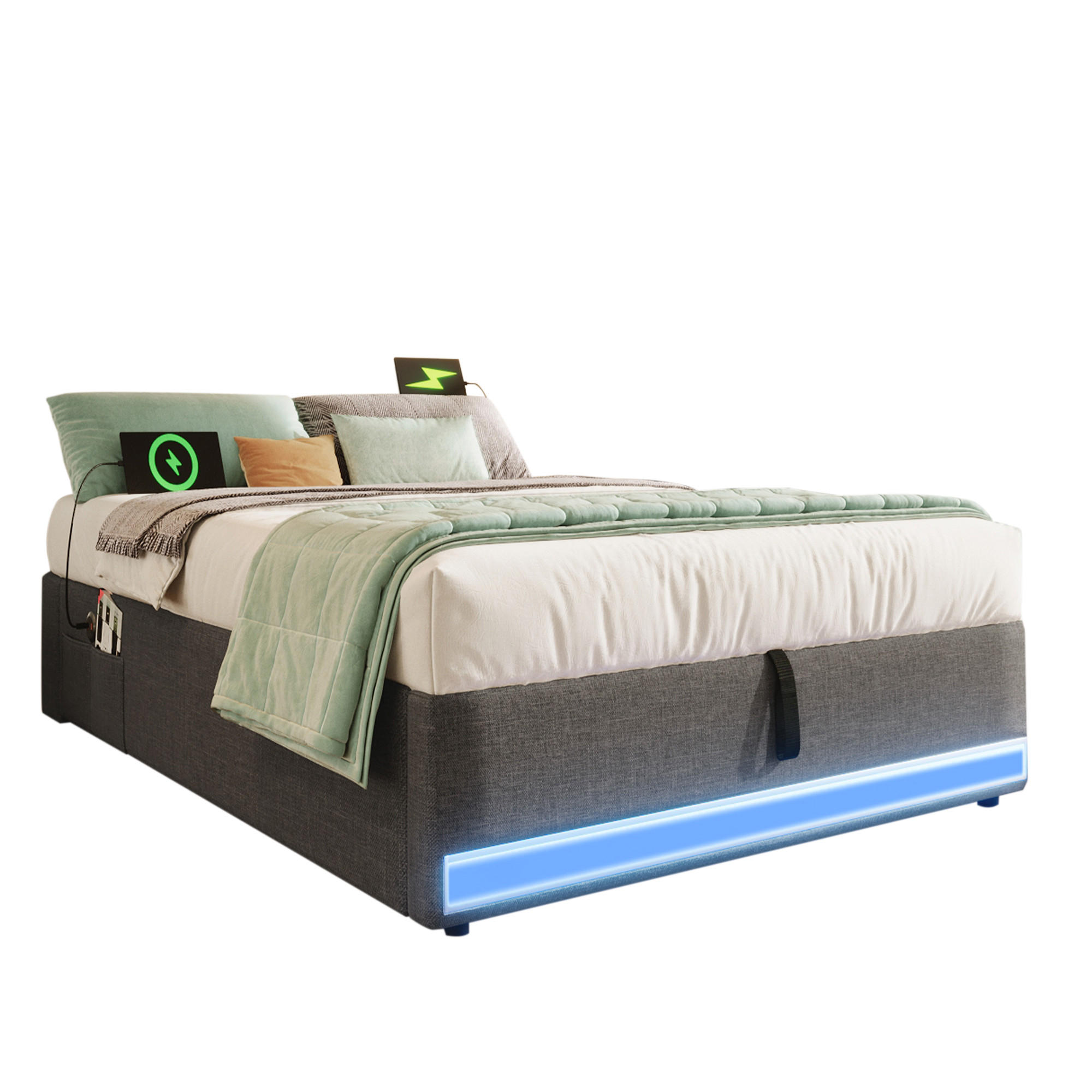 POLSTERBETT 90/200 cm mit LED, USB, Typ-C, hydraulischem Bettkasten und Seitentaschen aus Leinen, Grau - Grau, Textil (90/200cm) - Redom