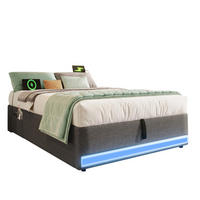 POLSTERBETT 90/200 cm mit LED, USB, Typ-C, hydraulischem Bettkasten und Seitentaschen aus Leinen, Grau - Grau, Textil (90/200cm) - Redom
