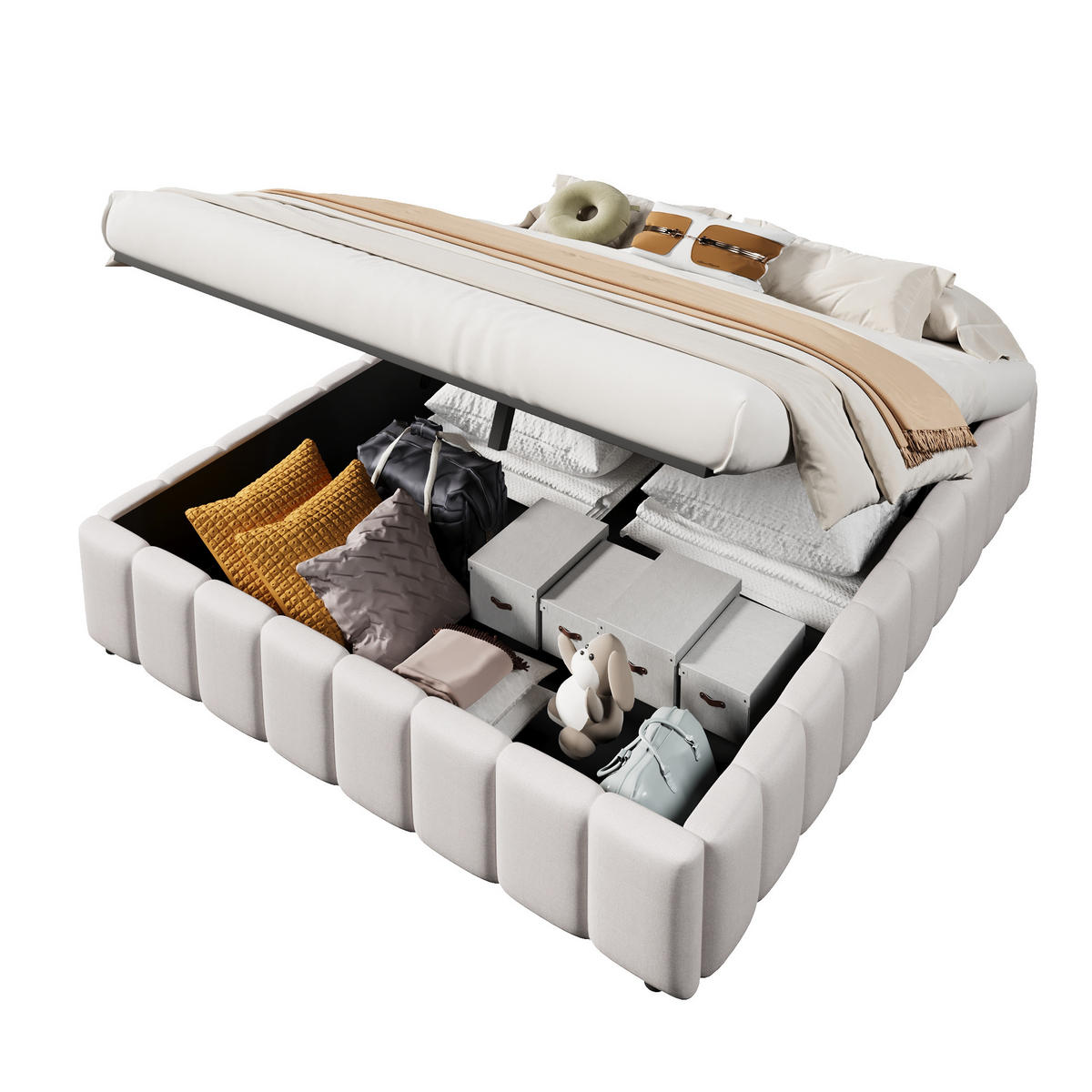 POLSTERBETT 140x200cm Beige hydraulische Lagerung ohne Kopfteil - Beige, Holz (140/200cm) - FLIEKS