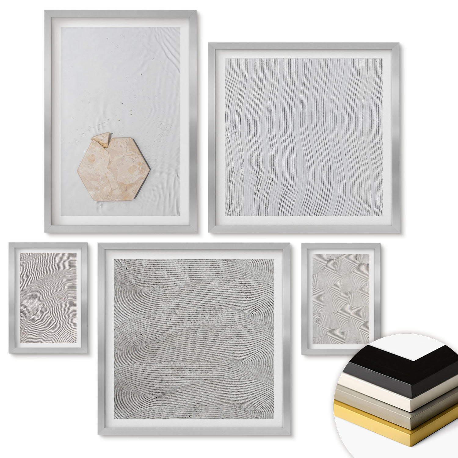 WANDBILDER 5er Set - 50x50 cm & 20x30 cm & 40x60 cm Silberner Rahmen - Leichte Boho-Sandtexturen - Silberfarben, Kunststoff (40/60cm) - ArtPrintCave