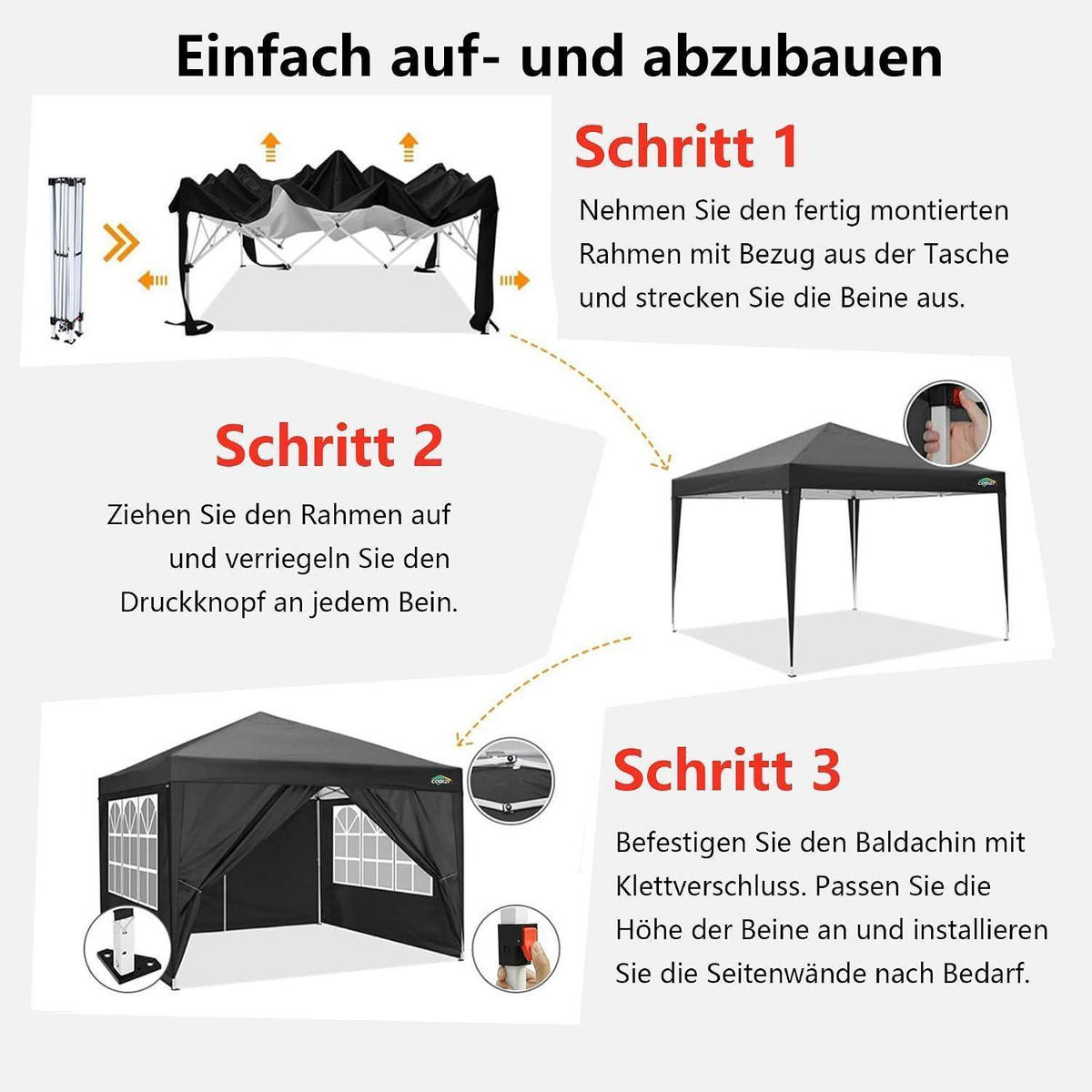 PAVILLON 3 x 3 m Schwarz mit 4 Seitenteilen - Schwarz, Textil (300/260/300cm)