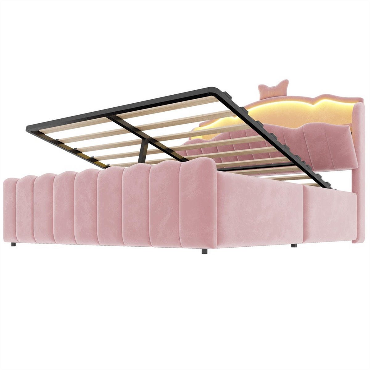 POLSTERBETT 140x200 cm mit hydraulischem Stauraum und LED Beleuchtung - 3USB - Anschlüsseund Typ-C - Rosa - Pink, Textil (140/200cm) - DELFA