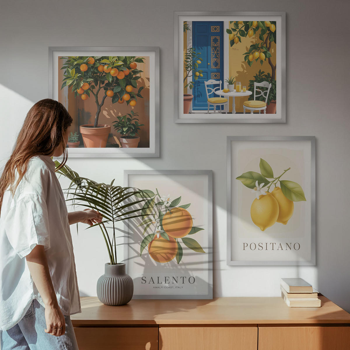 BILDER SET 4er Set - 50x50 cm & 40x60 cm Silberner Rahmen - Amalfi-Zitronen und -Orangen - Silberfarben, Kunststoff (50/50cm) - TULUP