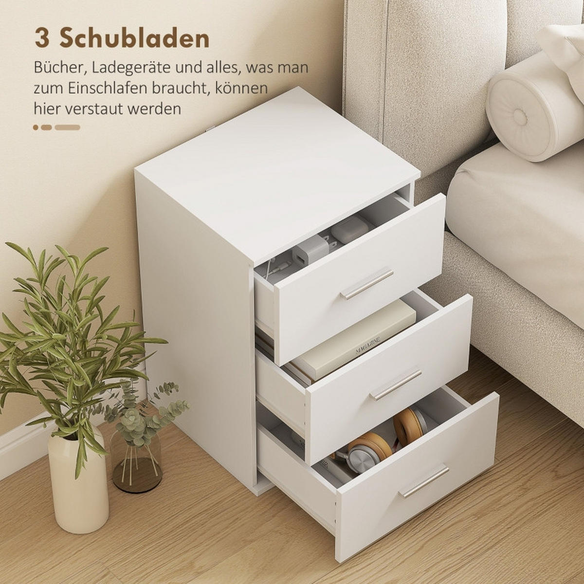 NACHTTISCH 40/35/60 cm weiß aus Holz mit 3 Schubladen - Weiß, Holz (35/60/40cm) - OKWISH