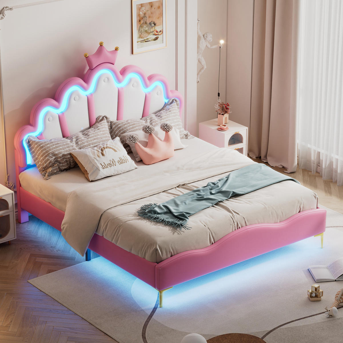 KINDERBETT Polsterbett 140/200 cm aus PU-Kunstleder mit LED-Beleuchtung Rosa - Rosa, Kunststoff (140/200cm) - Modenvie